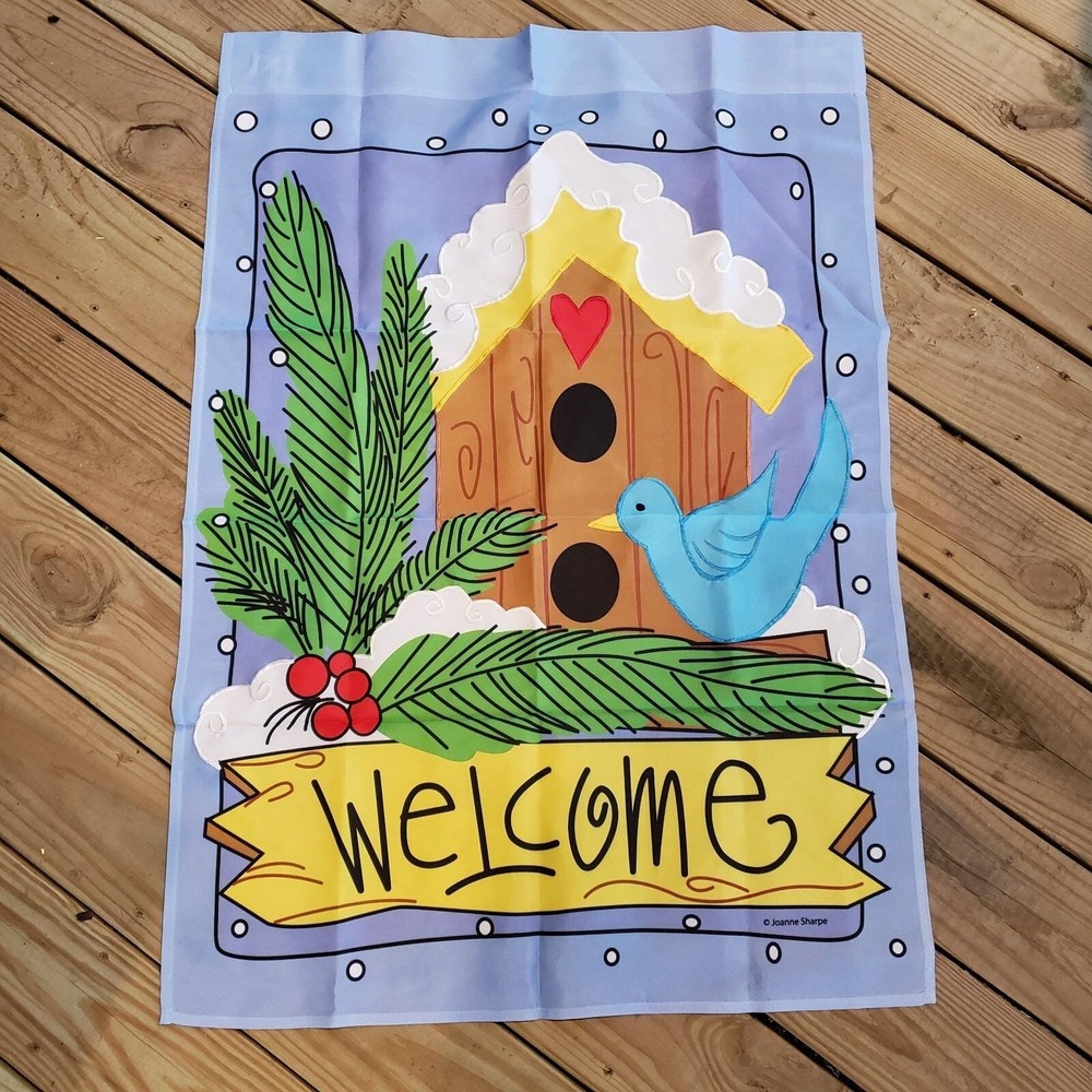 Vintage Welcome House Flag Banner BLUEBIRD & BIRDHOUSE WINTER 28" x 40"